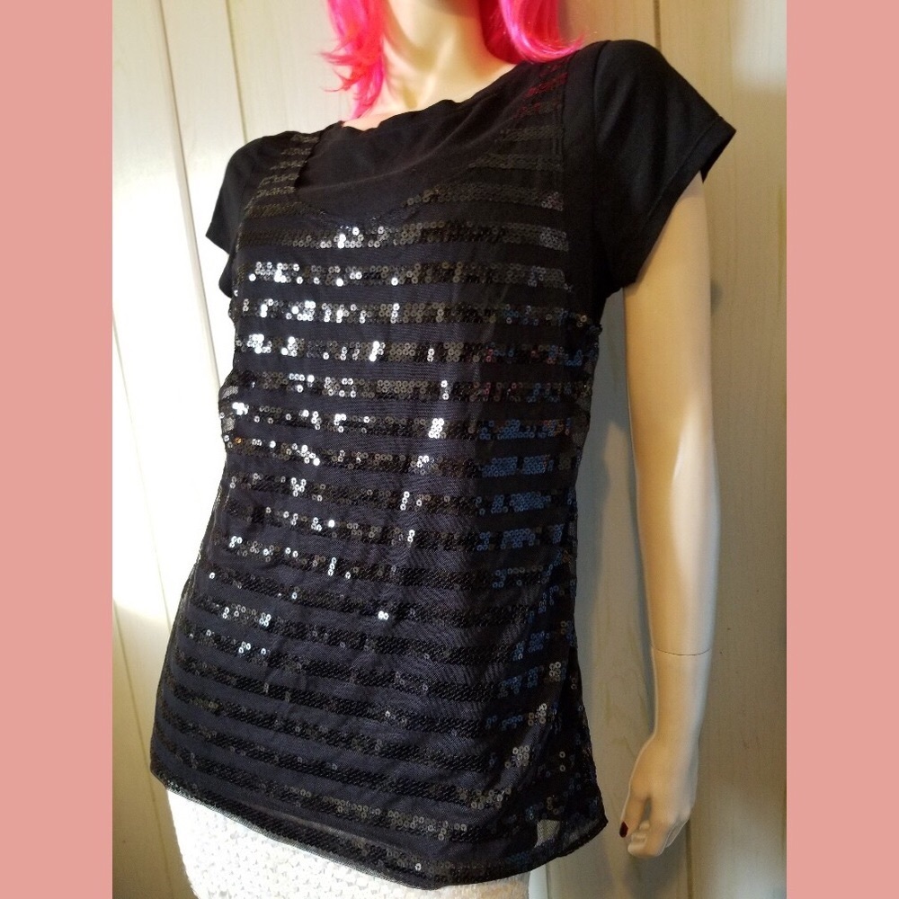 Piper & Blue Black Sparkle Sequin Mesh DBL Layered Party Top